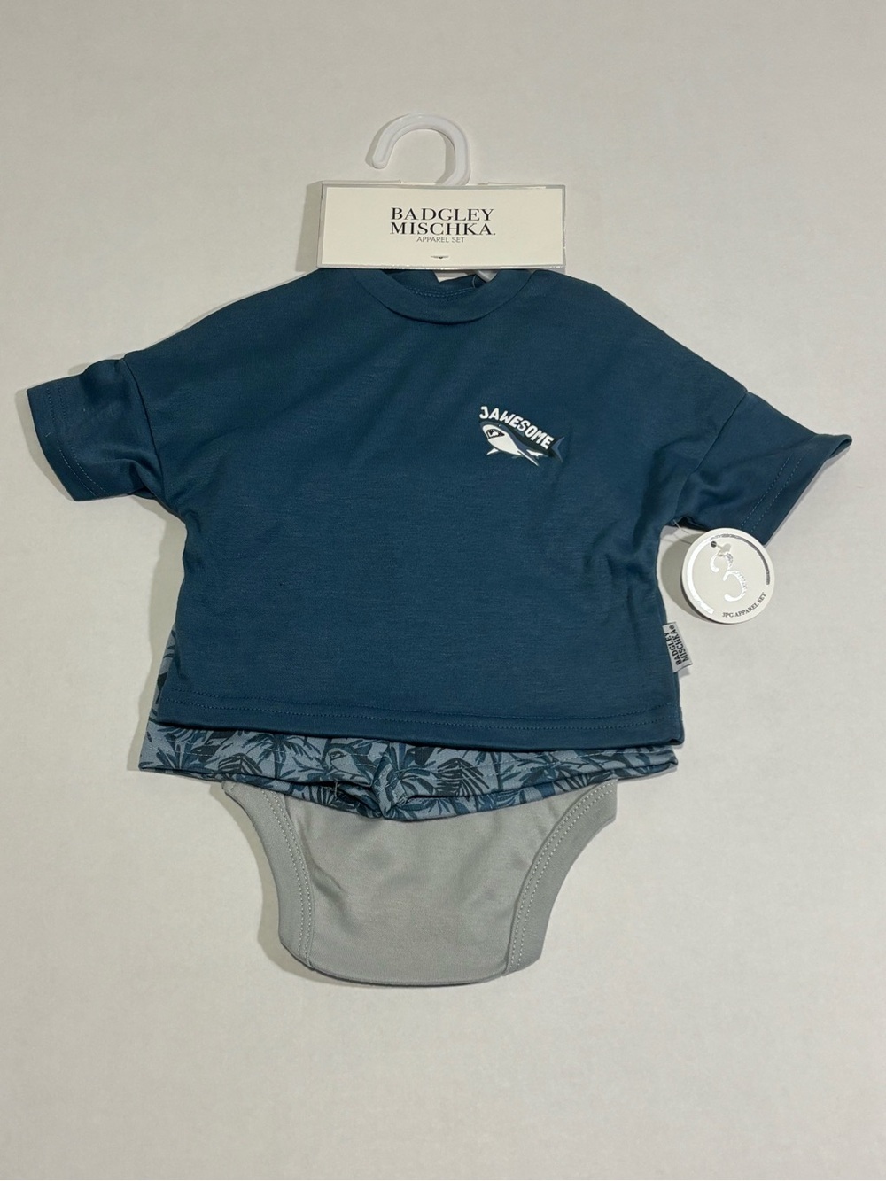 Badgley Mischka Shark Tropical 3pc T-Shirt Bodysuit & Shorts Set 3-6M Blue
